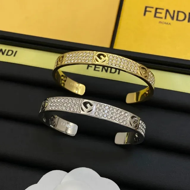 Fendi FF Logo Bangle Gold Silver Pavé Crystal Interlocking Bracelet 6