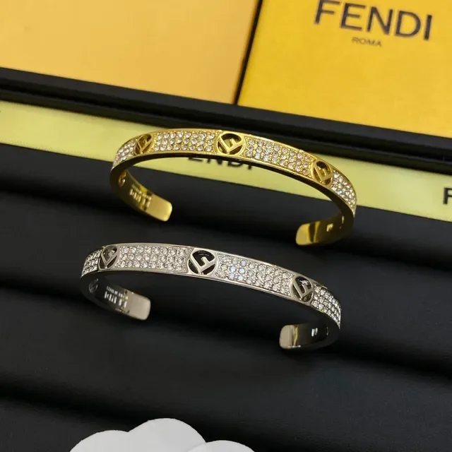Fendi FF Logo Bangle Gold Silver Pavé Crystal Interlocking Bracelet 7