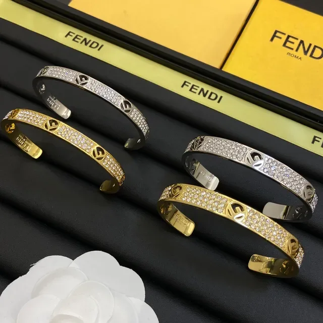 Fendi FF Logo Bangle Gold Silver Pavé Crystal Interlocking Bracelet 8