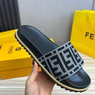 Fendi FF Logo Slide Black Gray Woven Monogram Strap Molded Rubber Sole Slippers