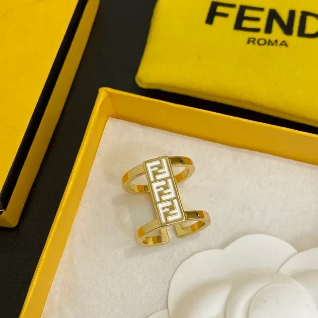 Fendi FF Bague Or Doré Blanc et Noir Émaillé Double Bande 3