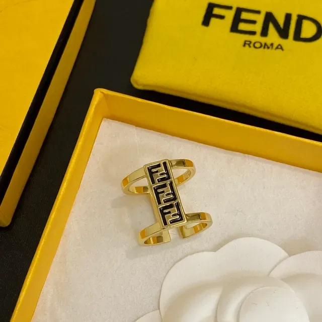 Fendi FF Bague Or Doré Blanc et Noir Émaillé Double Bande 5