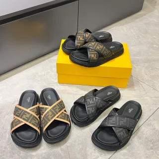 Fendi FF Slide Black Beige Cross-Strap Platform Sole Slippers
