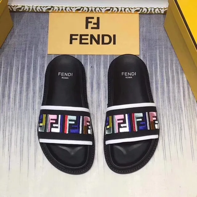 Fendi FF Slide Black Multicolor Embroidered Logo White-Piped Strap Slippers 2