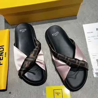 Fendi FF Webbing Slide Black Pink Crisscross Strap Satin Overlay Slippers
