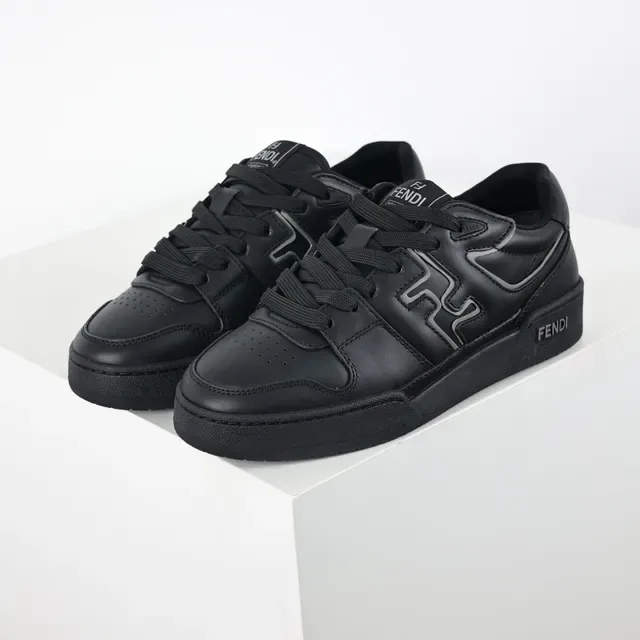 Fendi First Chaussures Lifestyle Noir Gris Monochrome Cuir Tonal avec Superposition Logo FF 2