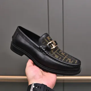 Fendi Horsebit Black Gold Leather FF Monogram Fabric Panel Loafer