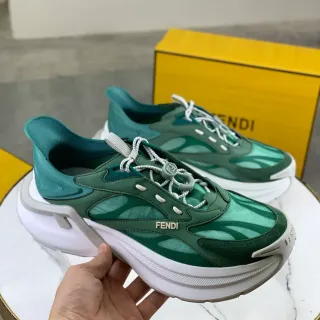 Fendi Run Away Green White Layered Mesh And Suede Upper Sculpted Platform Sole Chunky Sneakers