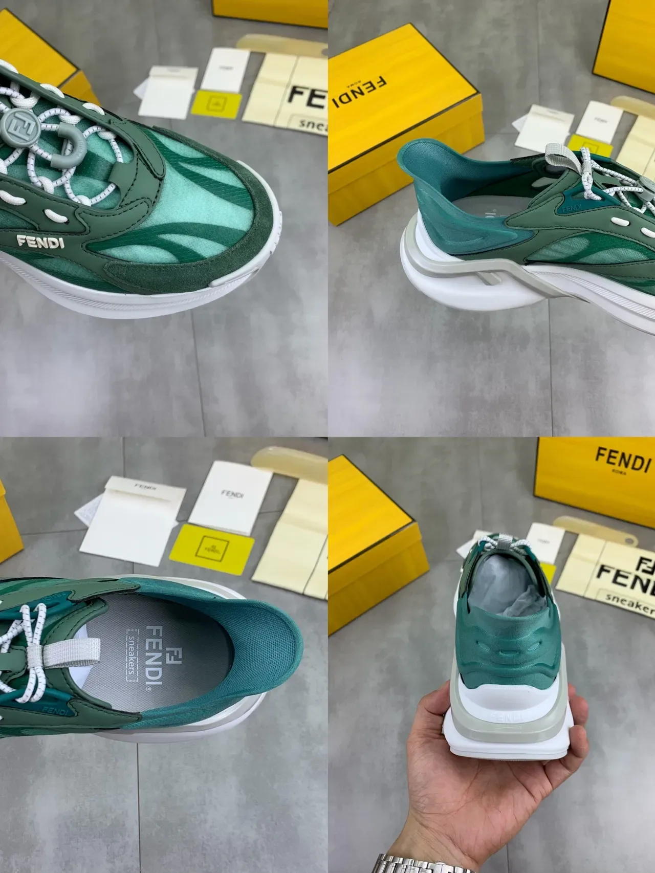 Fendi Run Away Vert et Blanc Malla Layered Et Suede Supérieur Semelle Plateforme Sculptée Sneakers Chunky 3