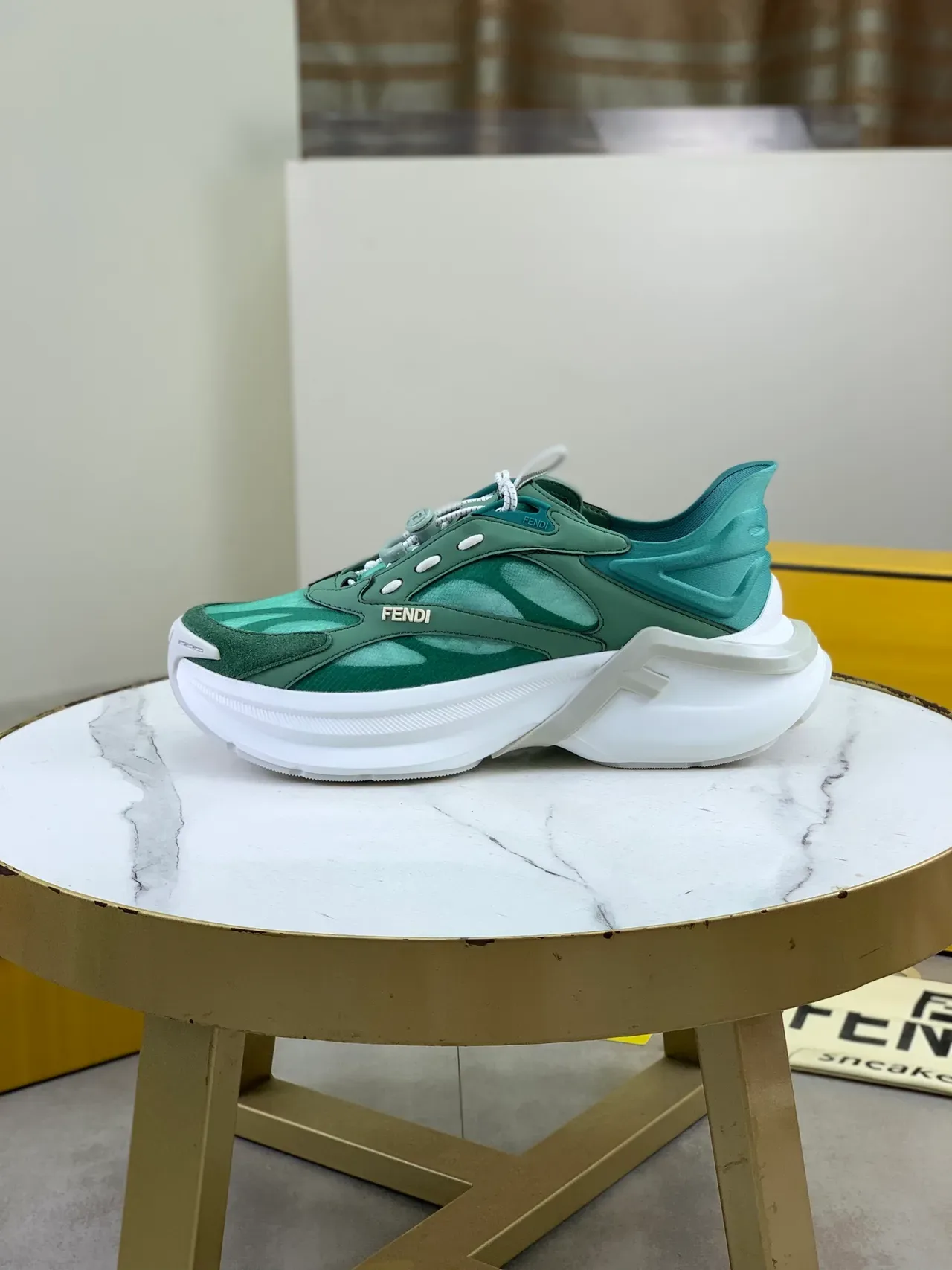 Fendi Run Away Vert et Blanc Malla Layered Et Suede Supérieur Semelle Plateforme Sculptée Sneakers Chunky 6