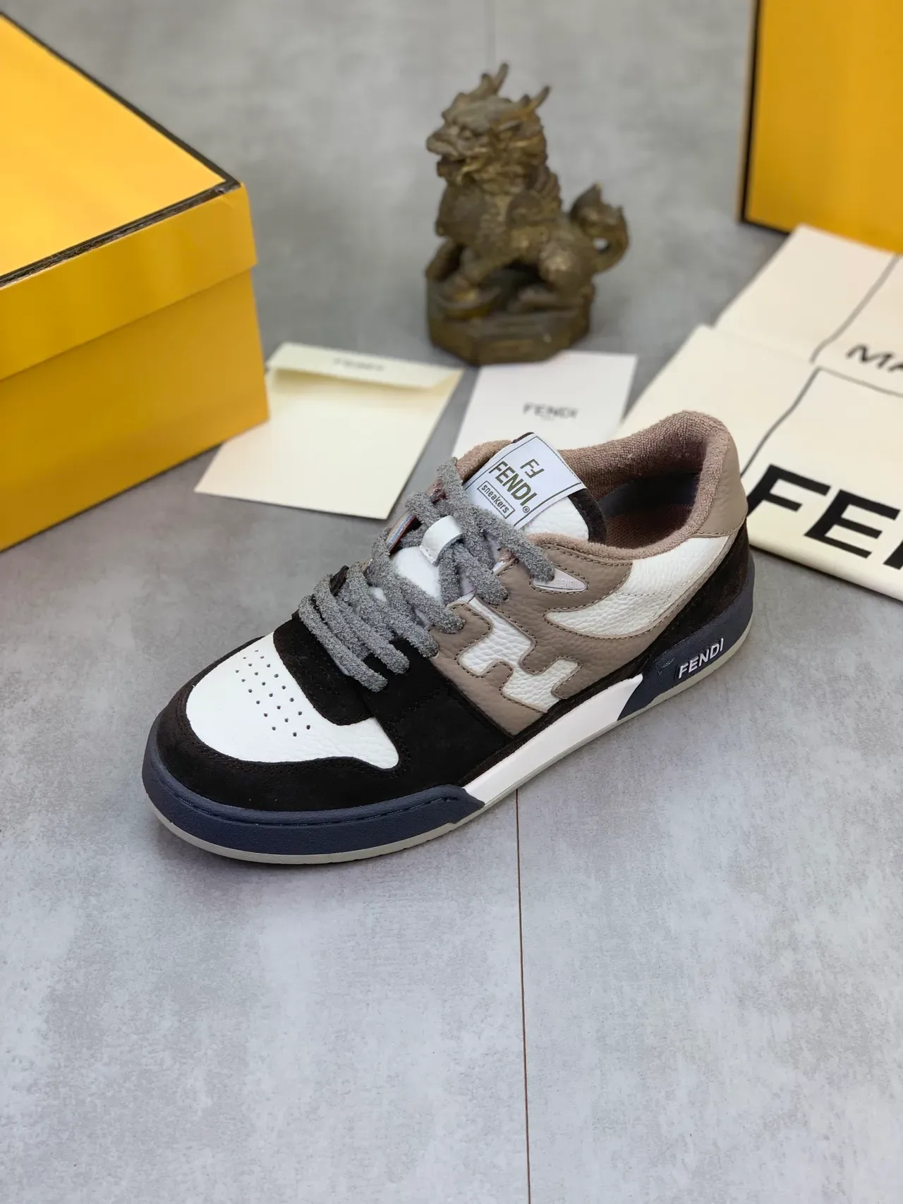 Fendi White Black Mixed-Material Upper Perforated Toe Cap Sneakers 4