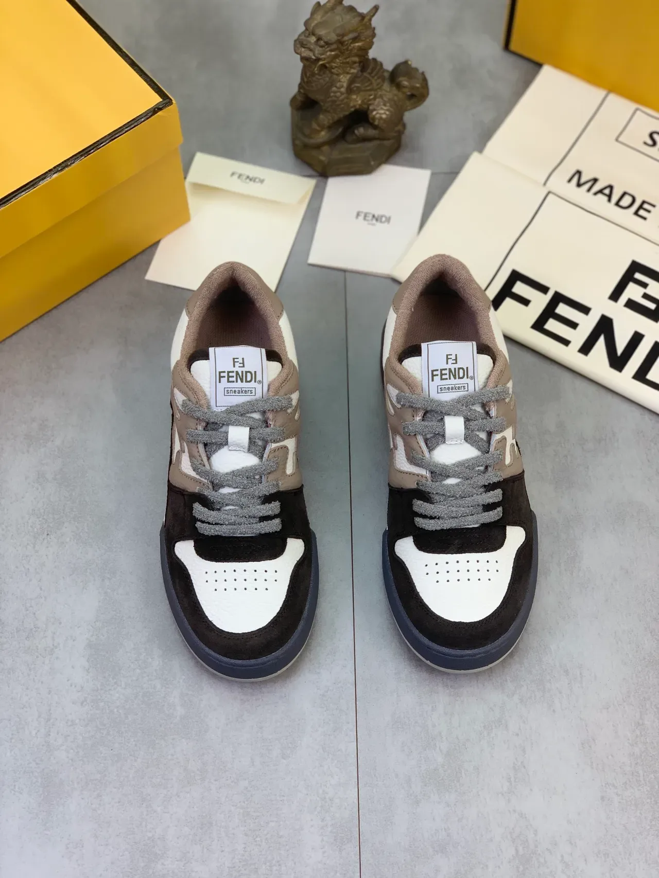 Fendi White Black Mixed-Material Upper Perforated Toe Cap Sneakers 5