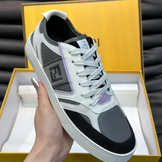 Fendi White Gray Layered Mixed-Material Upper Perforated Panels Lifestyle Sneakers