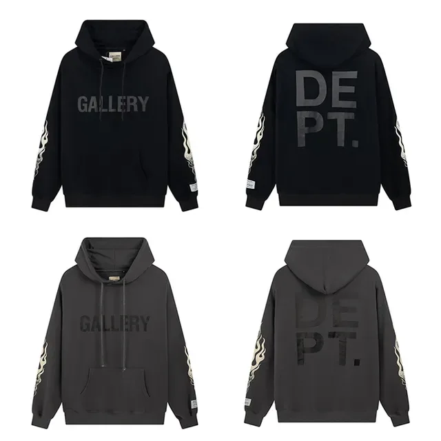 Gallery Dept Flame Sleeve Black Gray Oversized Fit Screen-Printed Chest Logo Hoodie 2