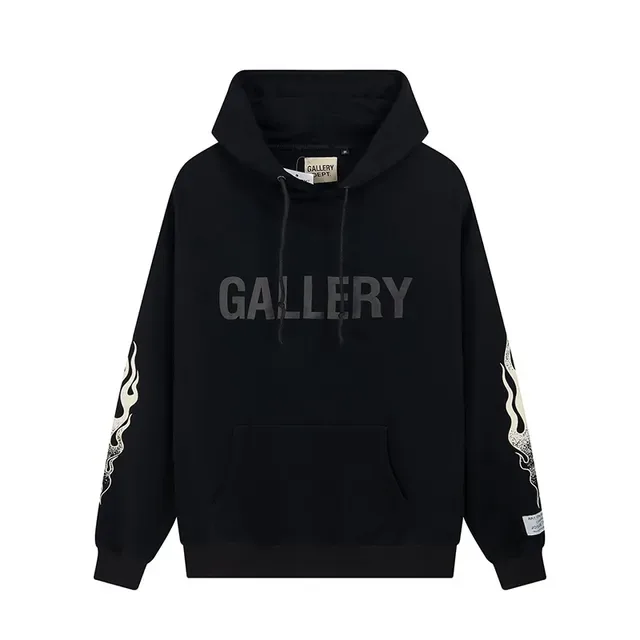Gallery Dept Flame Sleeve Black Gray Oversized Fit Screen-Printed Chest Logo Hoodie 3