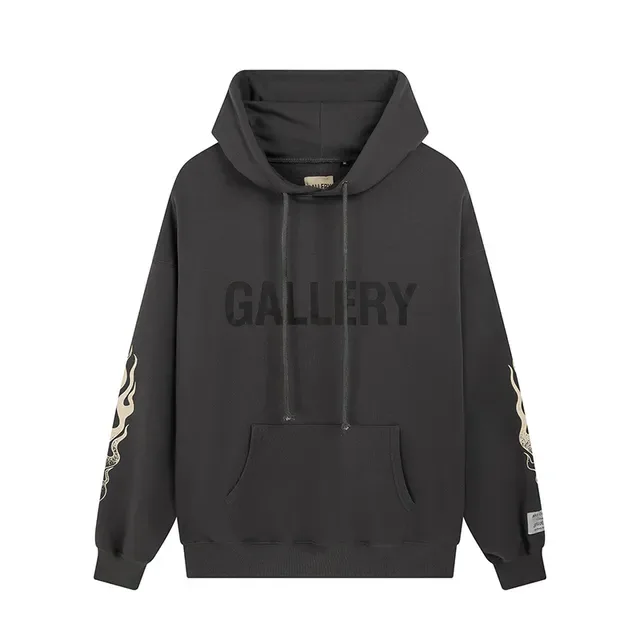 Gallery Dept Flame Sleeve Black Gray Oversized Fit Screen-Printed Chest Logo Hoodie 5