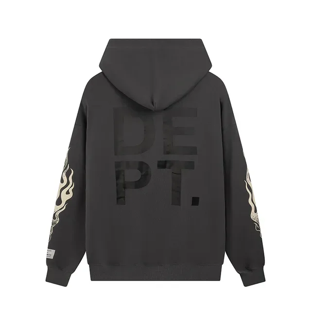 Gallery Dept Flame Sleeve Black Gray Oversized Fit Screen-Printed Chest Logo Hoodie 6