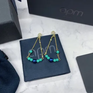 APM Monaco Blue Gold Chain Drop Beaded Dangle Earrings