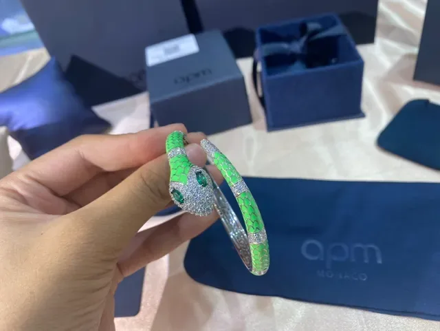 APM Monaco Snake-Head Green Enamel and Crystal Hinged Bangle Bracelet 3