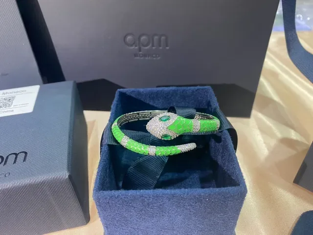 APM Monaco Snake-Head Green Enamel and Crystal Hinged Bangle Bracelet 5