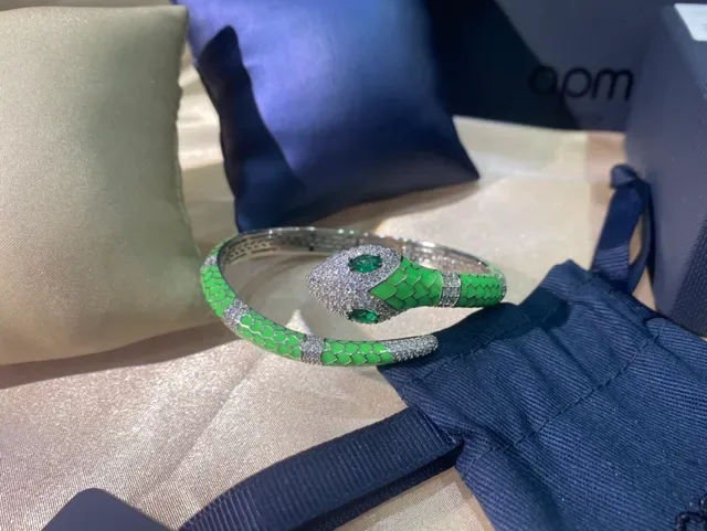 APM Monaco Snake-Head Green Enamel and Crystal Hinged Bangle Bracelet 6