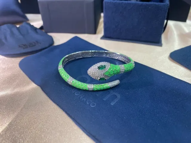 APM Monaco Snake-Head Green Enamel and Crystal Hinged Bangle Bracelet 7