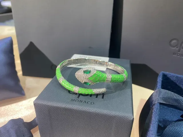 APM Monaco Snake-Head Green Enamel and Crystal Hinged Bangle Bracelet 9