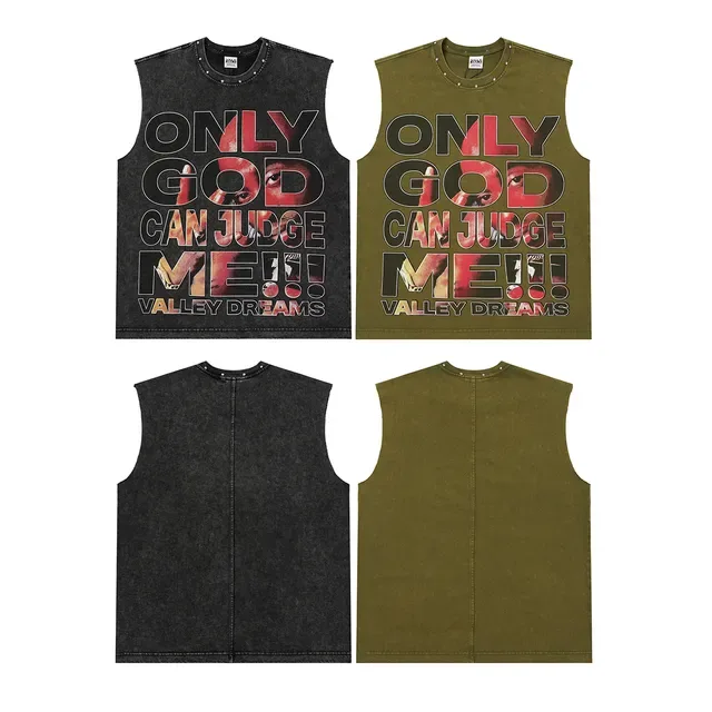 Army Green Black Sleeveless Graphic-Print Vest Top 2