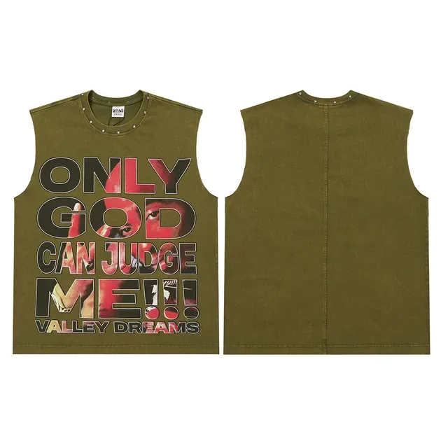 Army Green Black Sleeveless Graphic-Print Vest Top 6