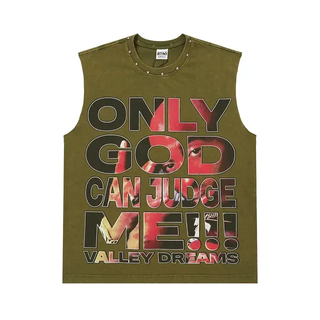 Army Green Black Sleeveless Graphic-Print Vest Top 7
