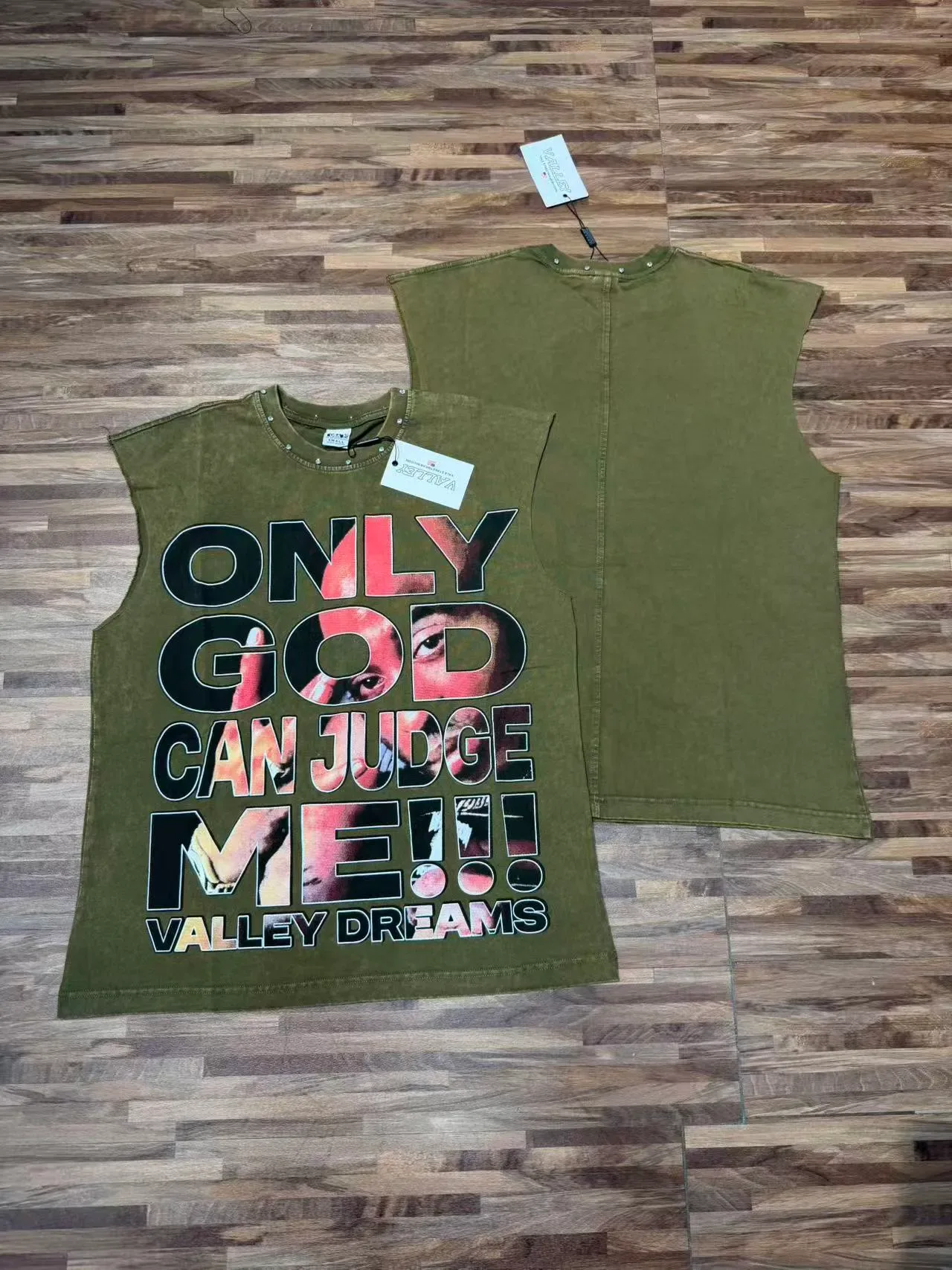 Army Green Black Sleeveless Graphic-Print Vest Top 9