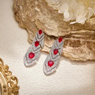 Art Deco-Inspired Red Cabochon and Pavé Drop Earrings