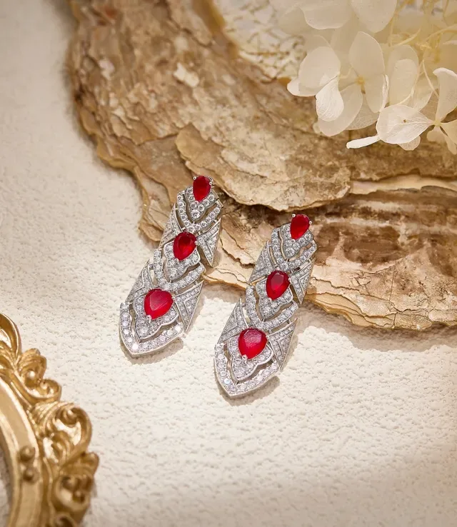 Art Deco-Inspired Red Cabochon and Pavé Drop Earrings 3