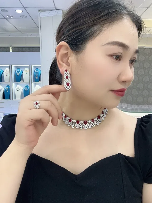 Art Deco-Inspired Red Cabochon and Pavé Drop Earrings 4