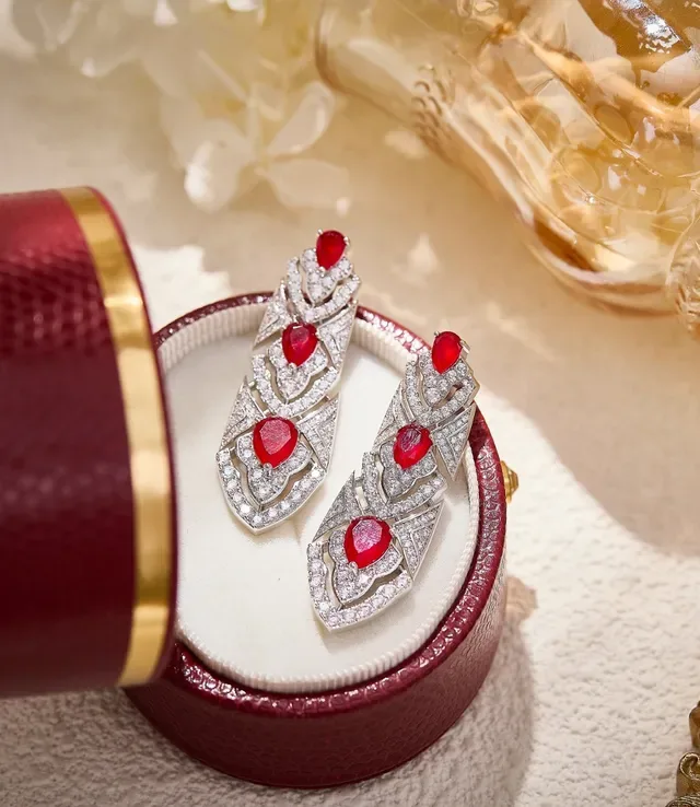 Art Deco-Inspired Red Cabochon and Pavé Drop Earrings 6