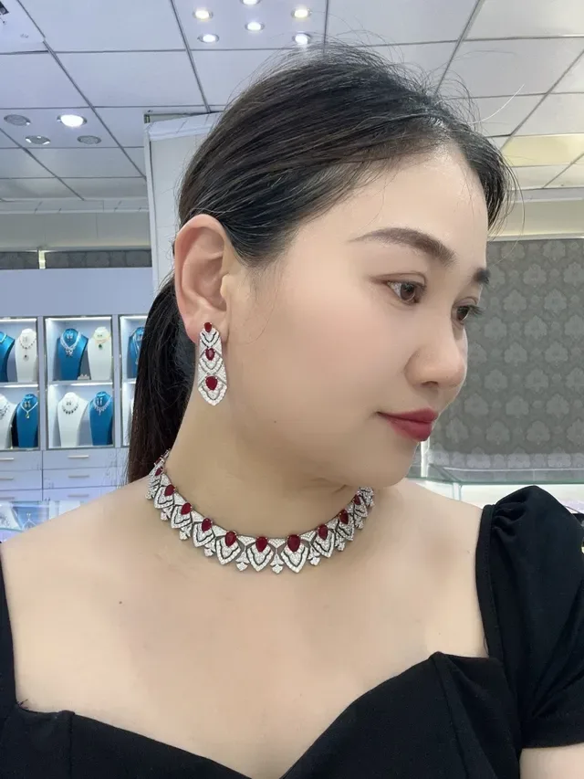 Art Deco-Inspired Red Cabochon and Pavé Drop Earrings 8