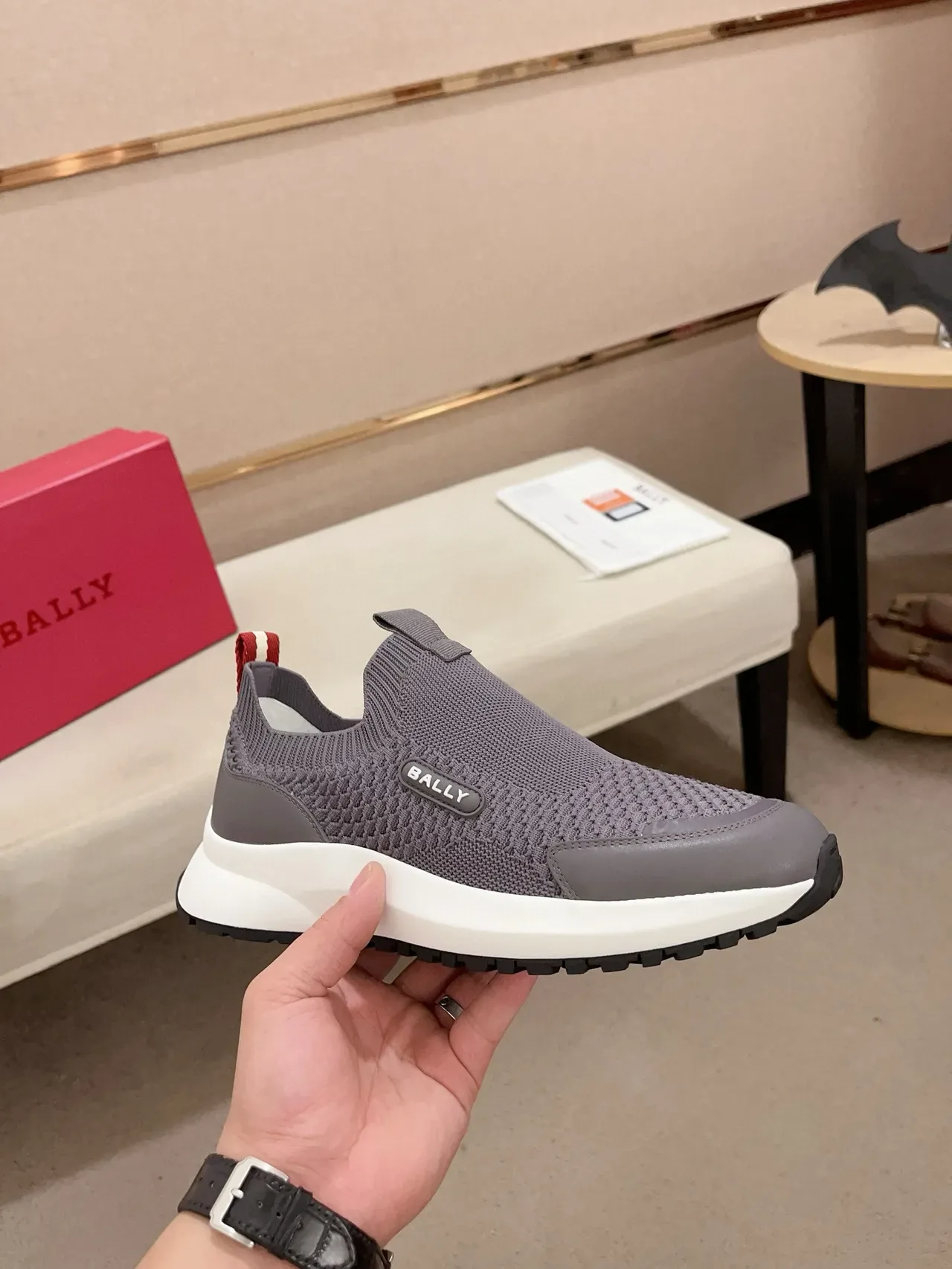 BALLY Gray Red Knit Upper Slip-On Construction Sneakers 4