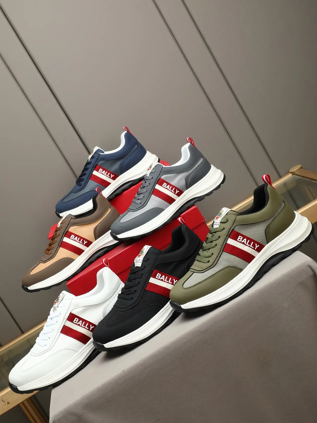 Bally Gray Red Mixed-Material Upper Side Stripe Logo Sneakers 2