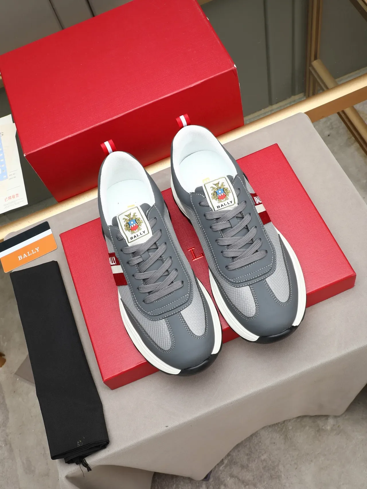 Bally Gray Red Mixed-Material Upper Side Stripe Logo Sneakers 3