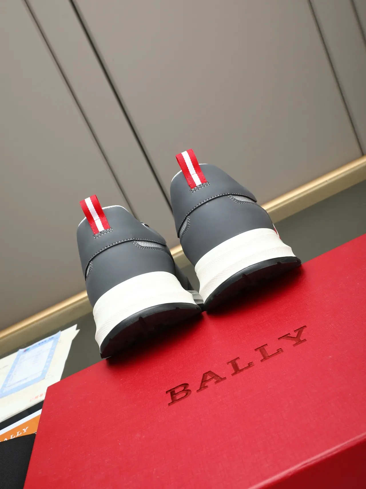 Bally Gray Red Mixed-Material Upper Side Stripe Logo Sneakers 4