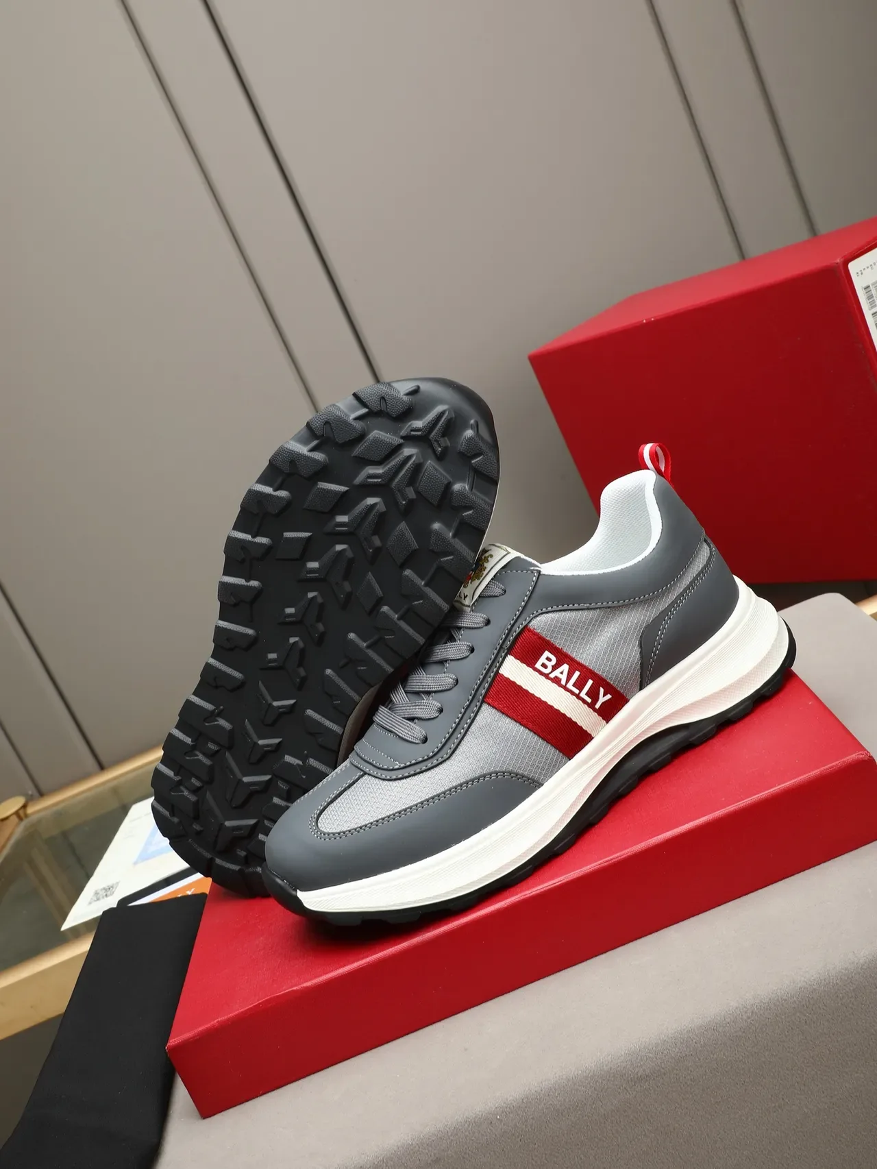 Bally Gray Red Mixed-Material Upper Side Stripe Logo Sneakers 5