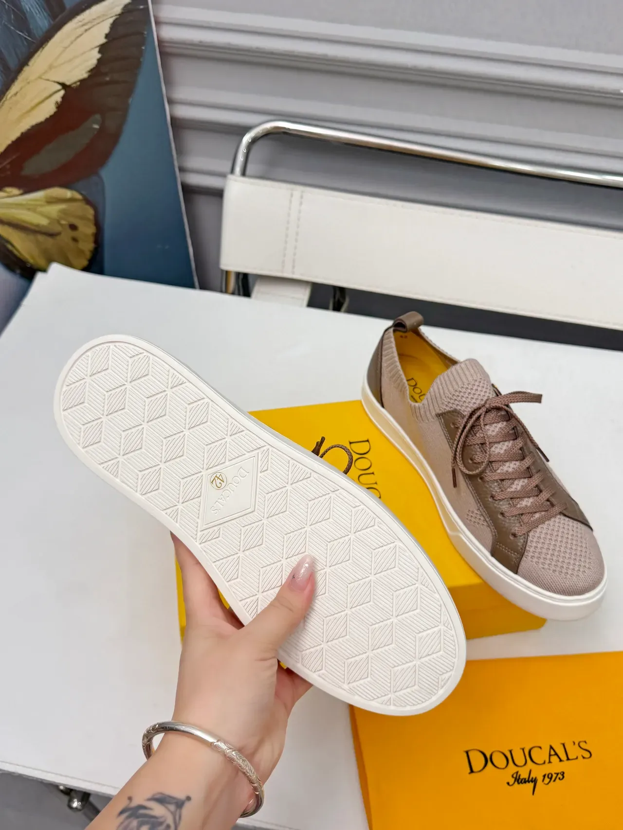 Beige and Brown Knit and Leather Lifestyle Sneakers 2