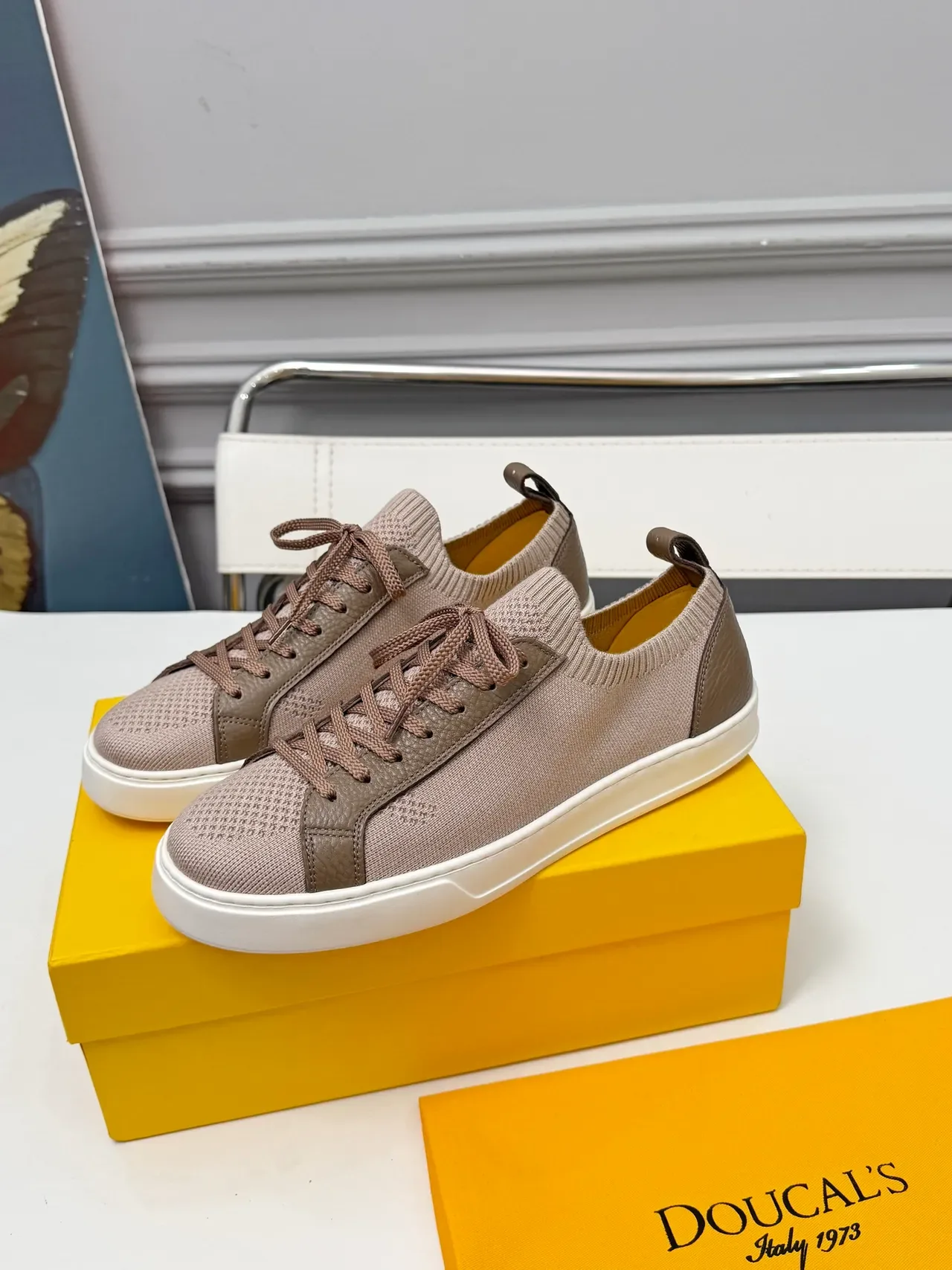 Beige and Brown Knit and Leather Lifestyle Sneakers 4
