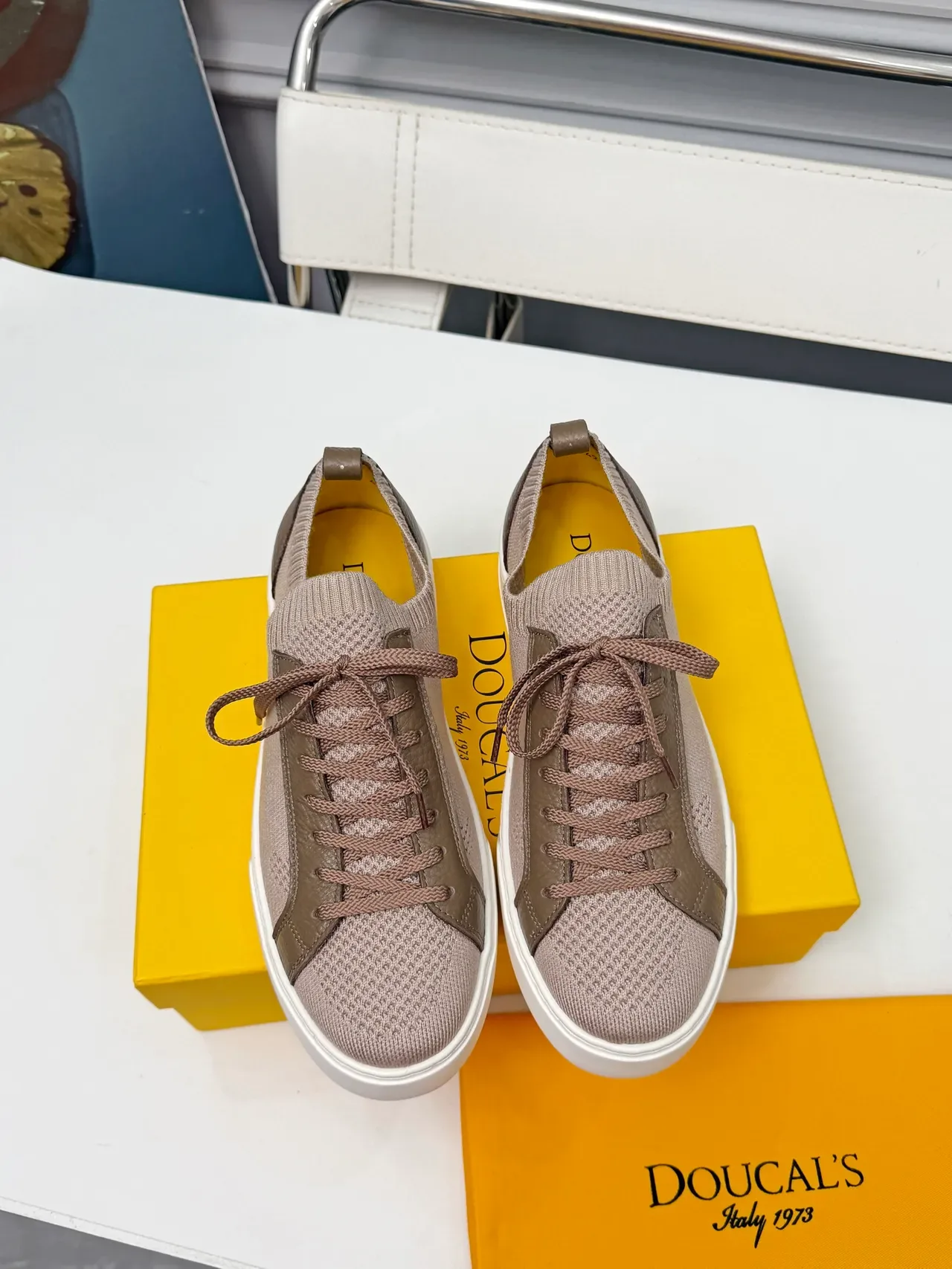 Beige and Brown Knit and Leather Lifestyle Sneakers 5