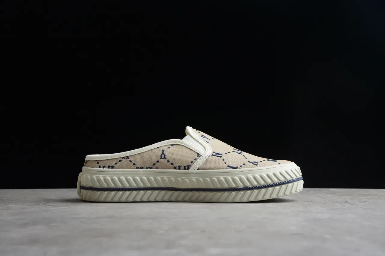 Beige and Navy Monogram Slip-On Canvas Shoes 11