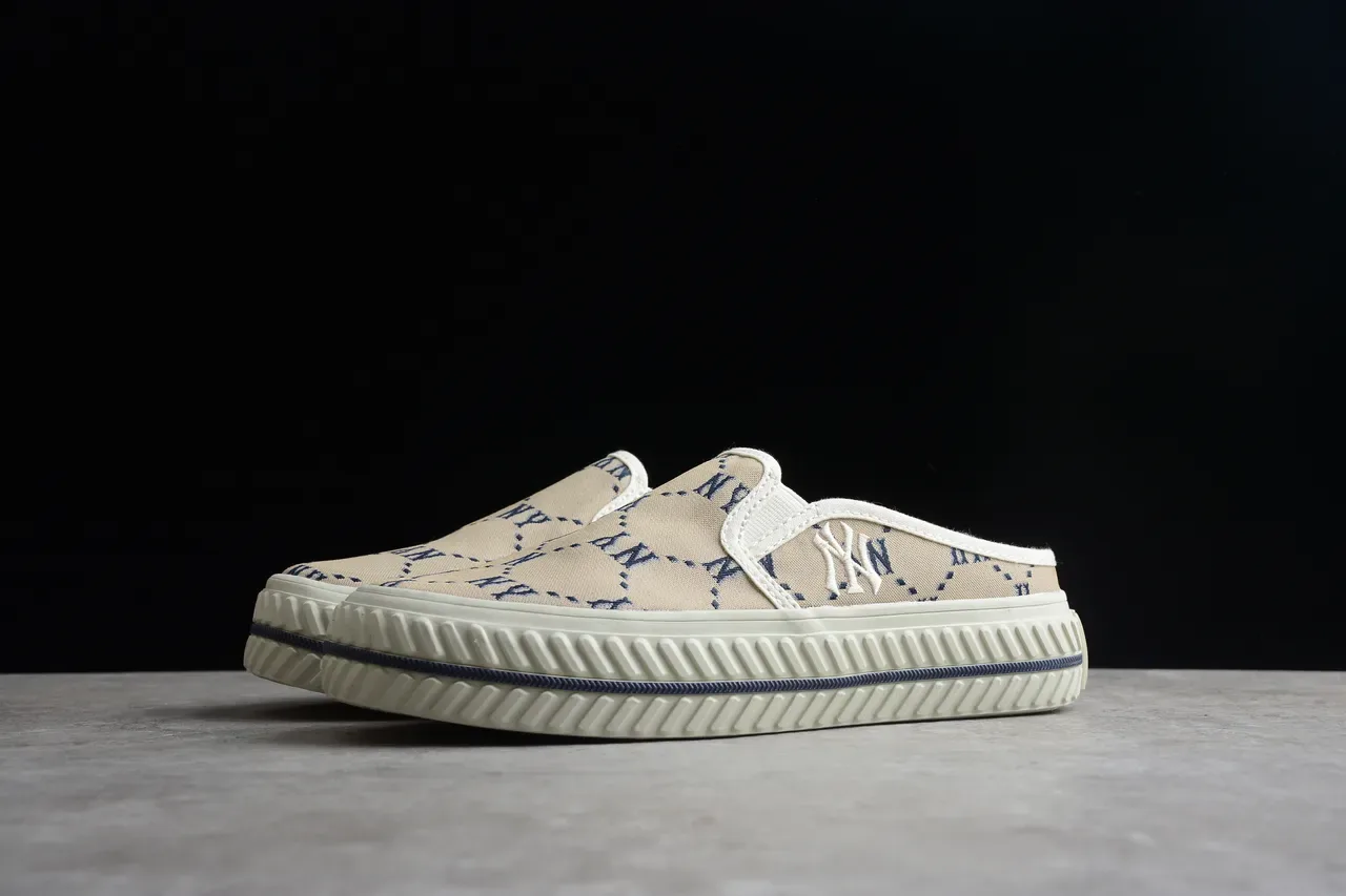 Beige and Navy Monogram Slip-On Canvas Shoes 12