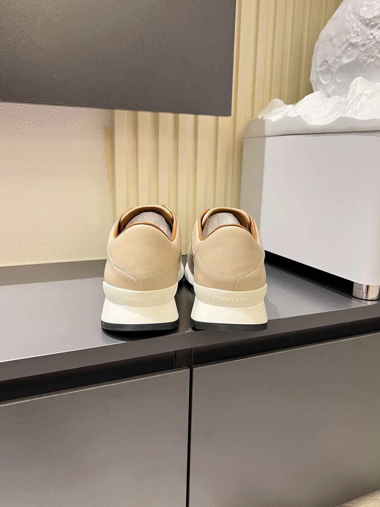 Beige Black Leather Slip-On Elastic Gusset Sneakers 2