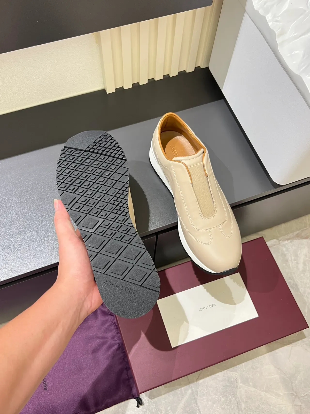 Beige Black Leather Slip-On Elastic Gusset Sneakers 3