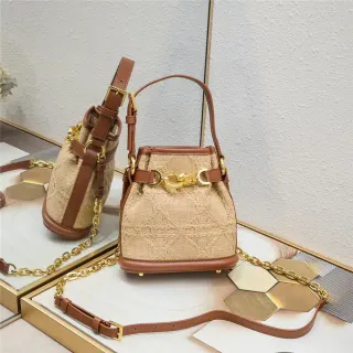 Beige Brown Woven Raffia-Like Texture Leather Trim Bucket Bag