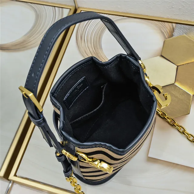 Beige Brown Woven Raffia-Like Texture Leather Trim Bucket Bag 13